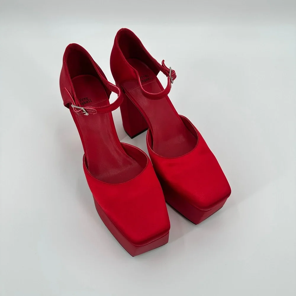 Jeffrey Campbell Over N Out‎ Red Satin Platform Mary Jane Heels Square Toe 9